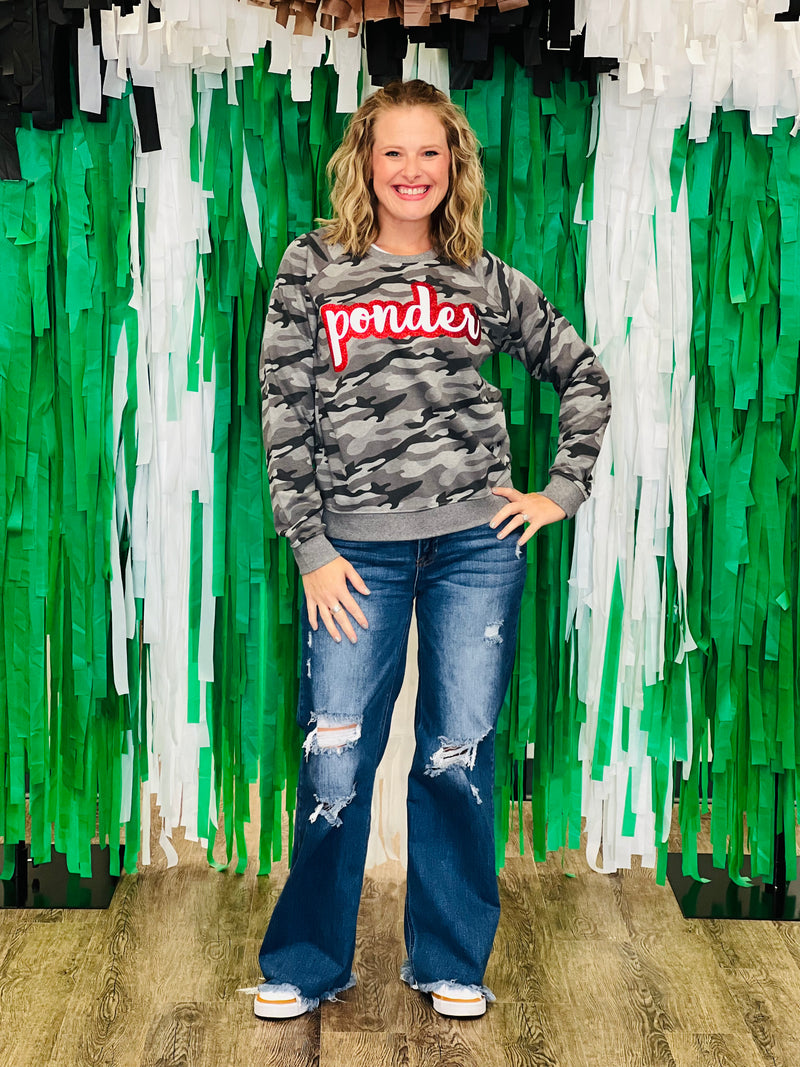 Ponder Glitter Script Camo Sweatshirt