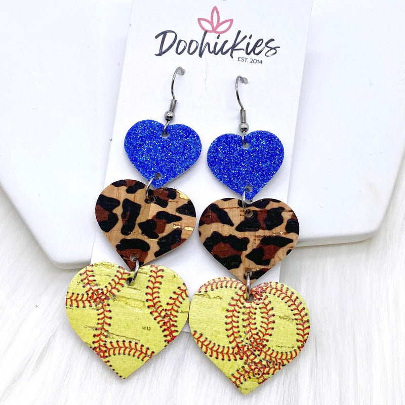 3" Custom Softball Love Waterfall Drops - Sports Earrings