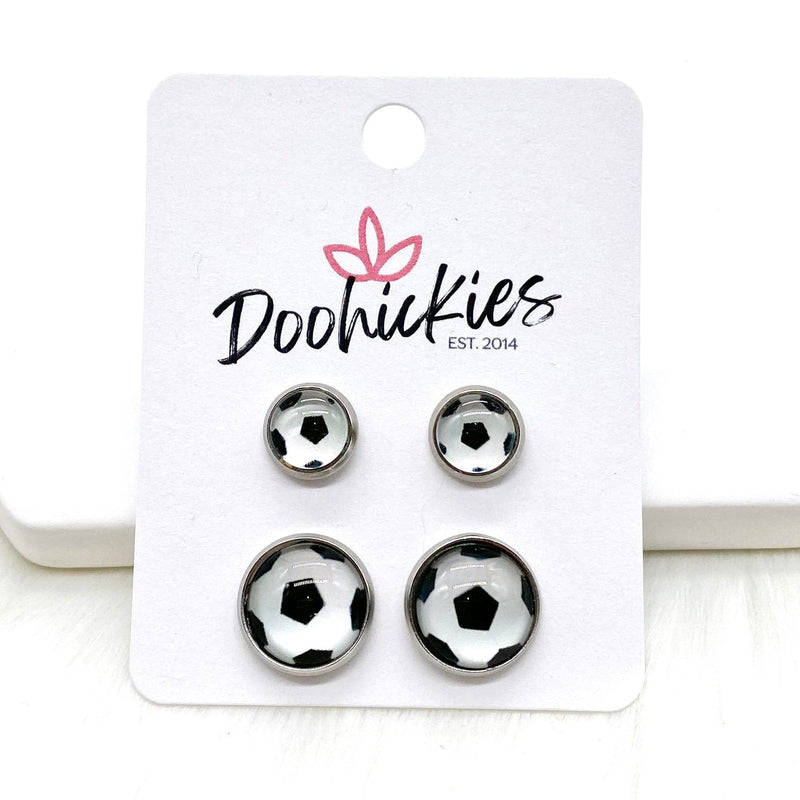 Soccer Ball Mommy & Me in Stainless Steel Settings -Sports Earrings