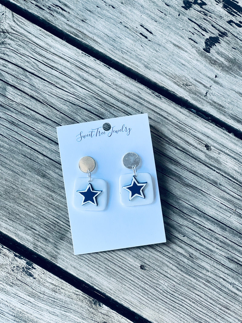 Star on White Square Earrings