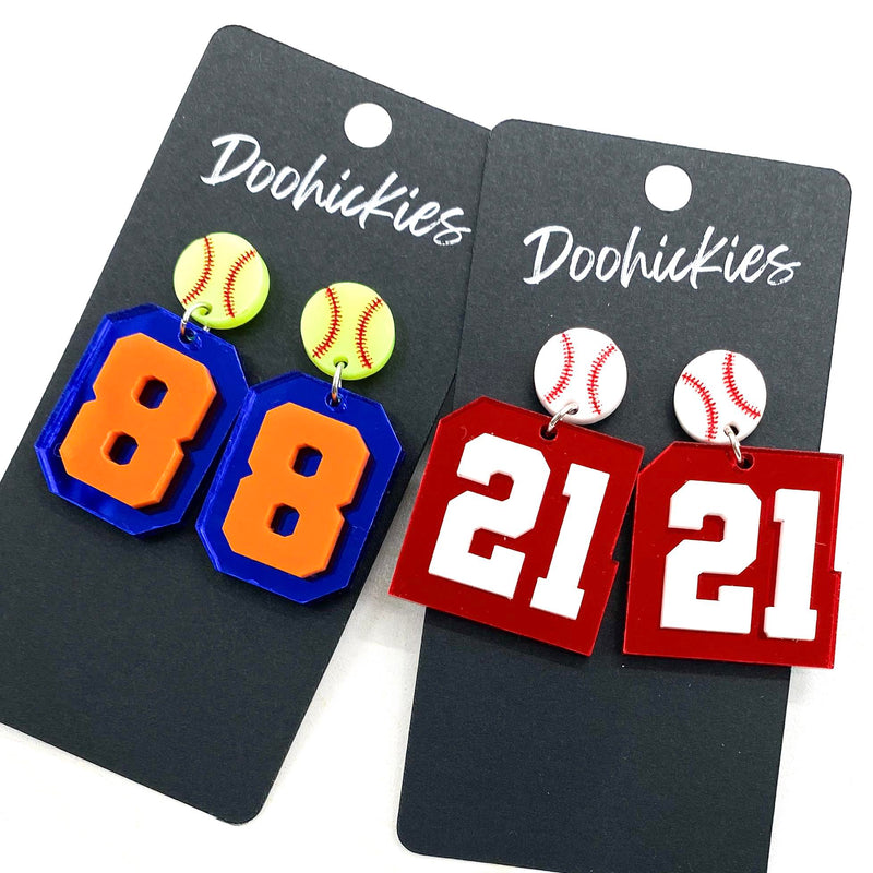 2" Layered Varsity Number Baseball & Softball Dangles - Sports Earrings