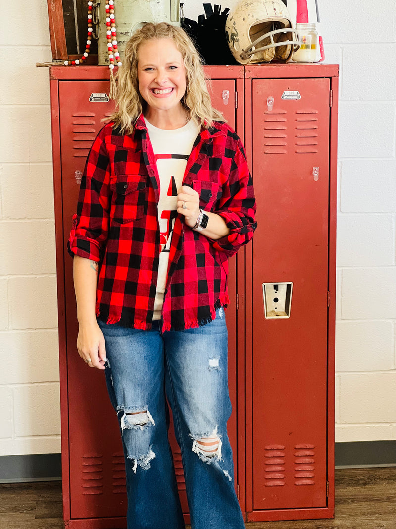 Risen | Red Plaid Frayed Hem Shirt