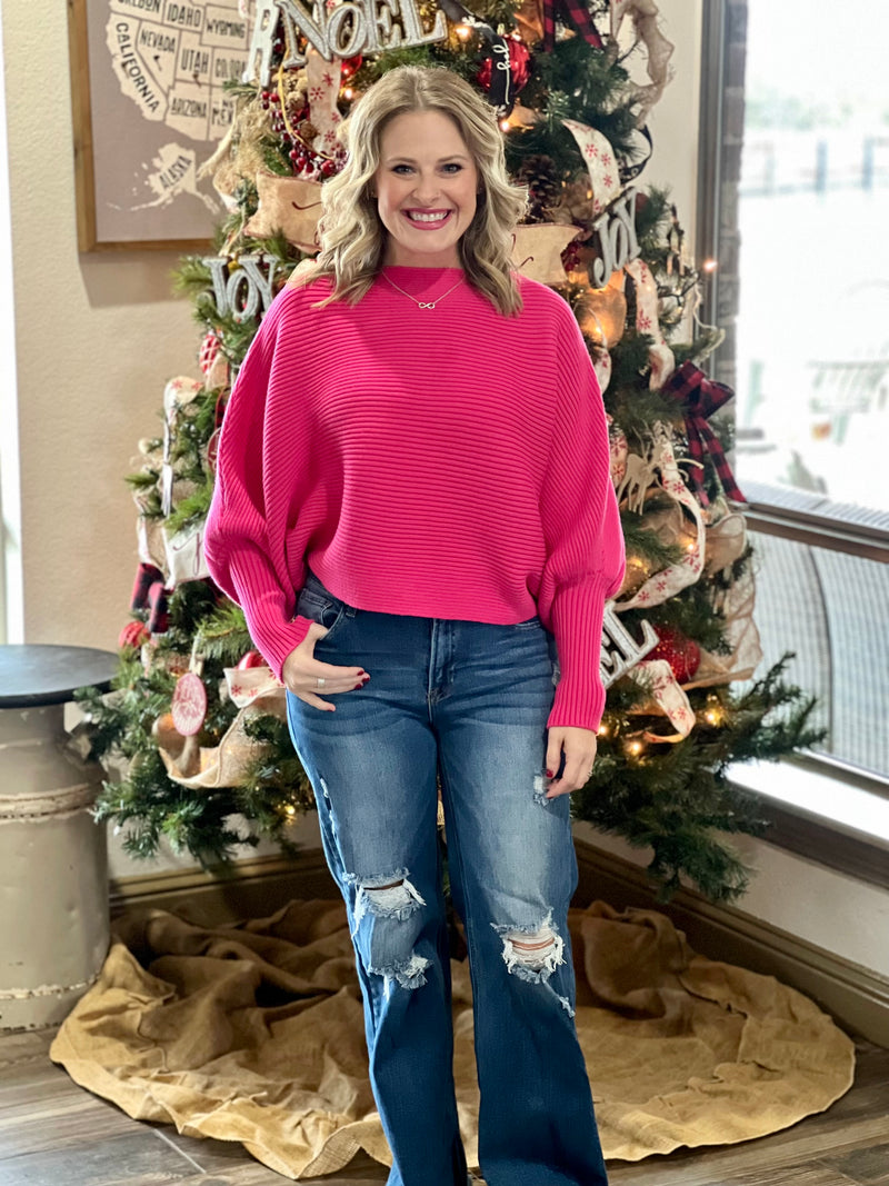 Fuschia Dolman Sleeve Crop Sweater