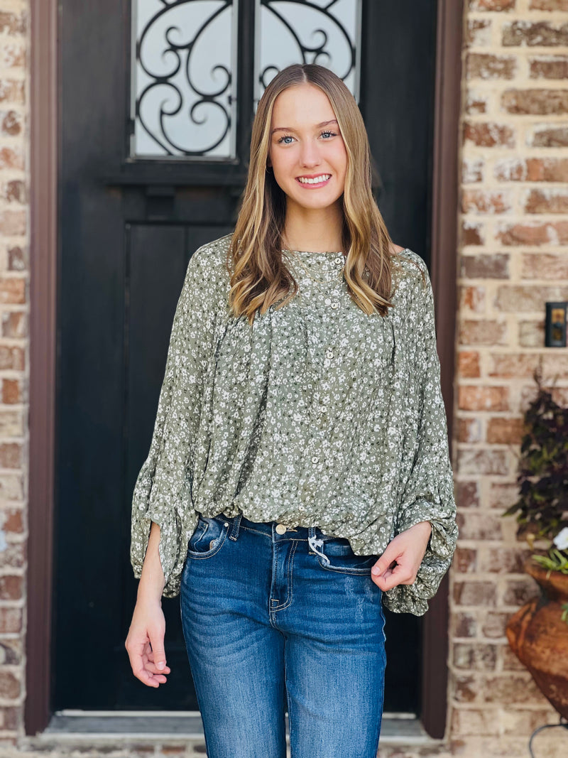 Olive Floral Print Dolman Sleeve Top