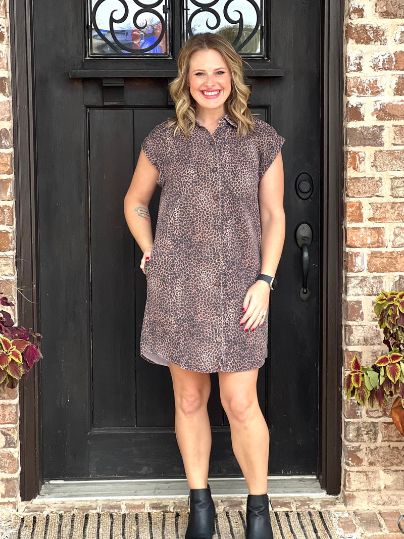 Maddie Brown Leopard Collared Button Dress