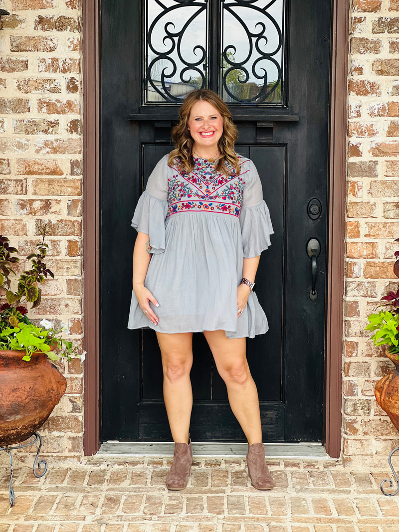 Abby Cool Grey Boho Embroidered Ruffle Sleeve Dress