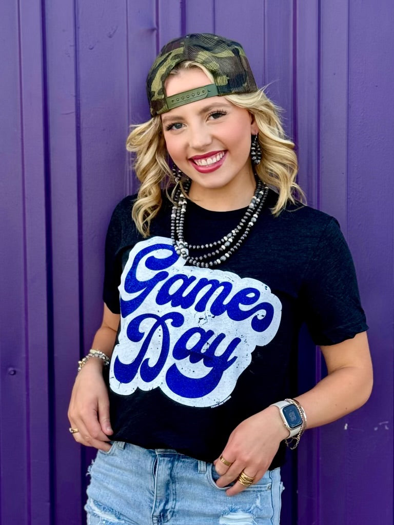 Blue Glitter Game Day Shadow Tee