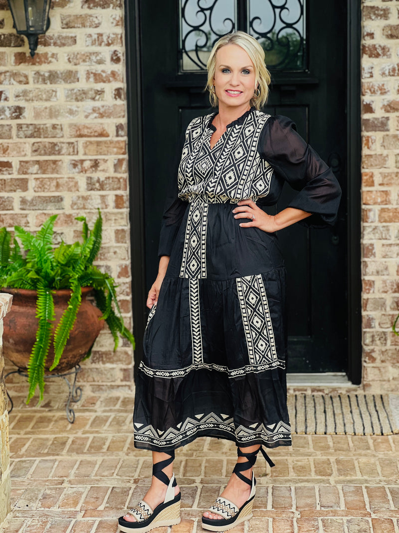 Savanna Black Embroidered Tiered Dress