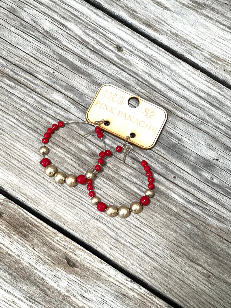 Gold & Red Beaded Circle Earrings