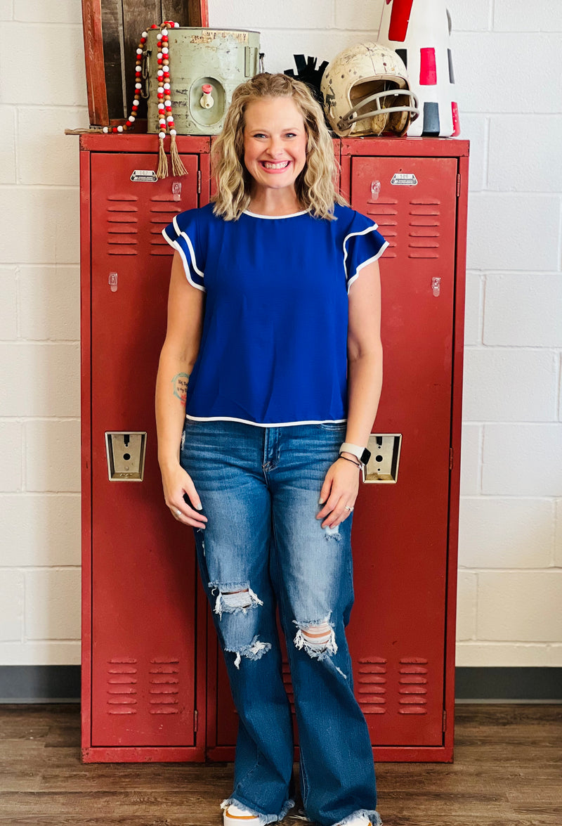 Gameday Royal Ruffle Sleeve Top