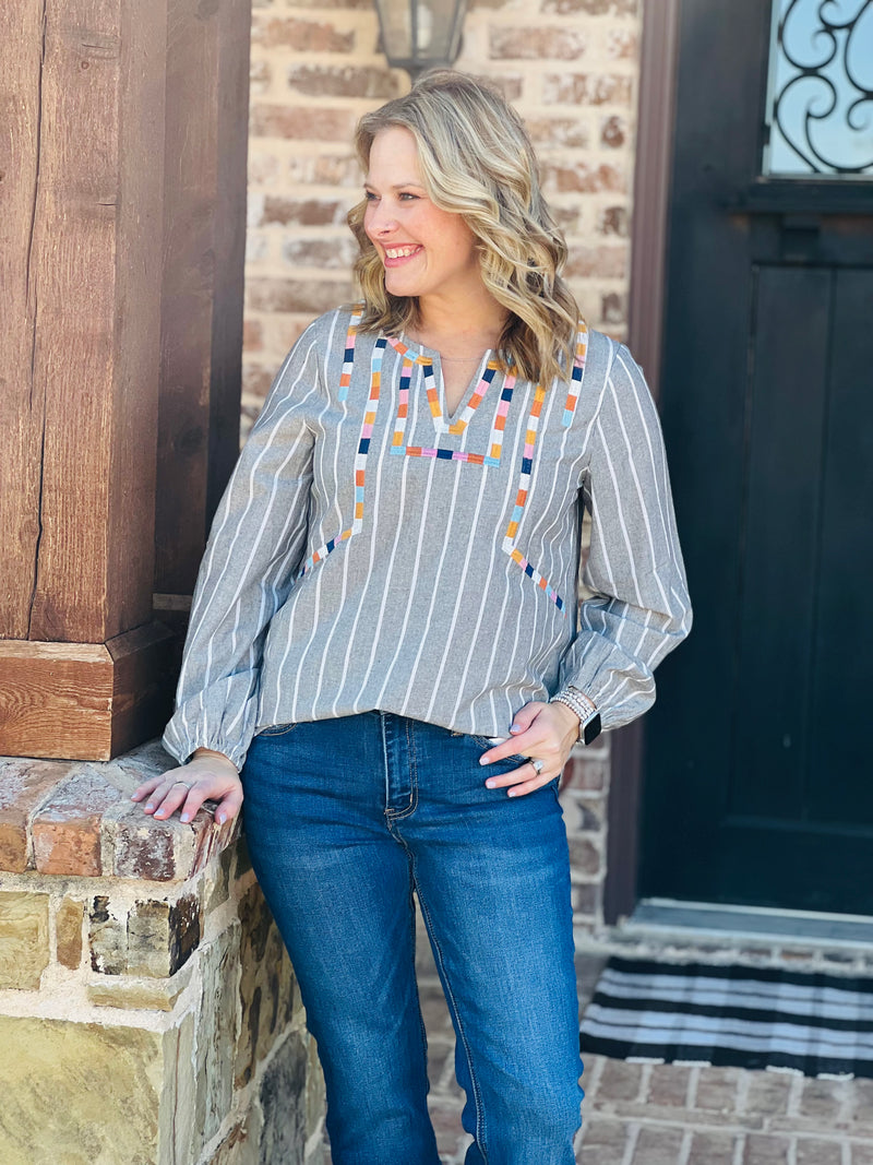 Ava Grey Striped Embroidered Bubble Sleeve Top