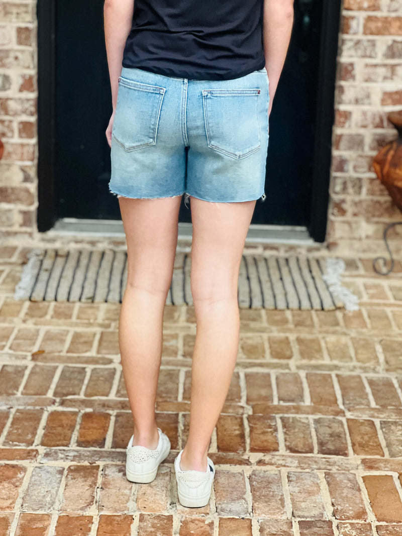 Judy Blue | Mid Rise Buttonfly Distressed Shorts