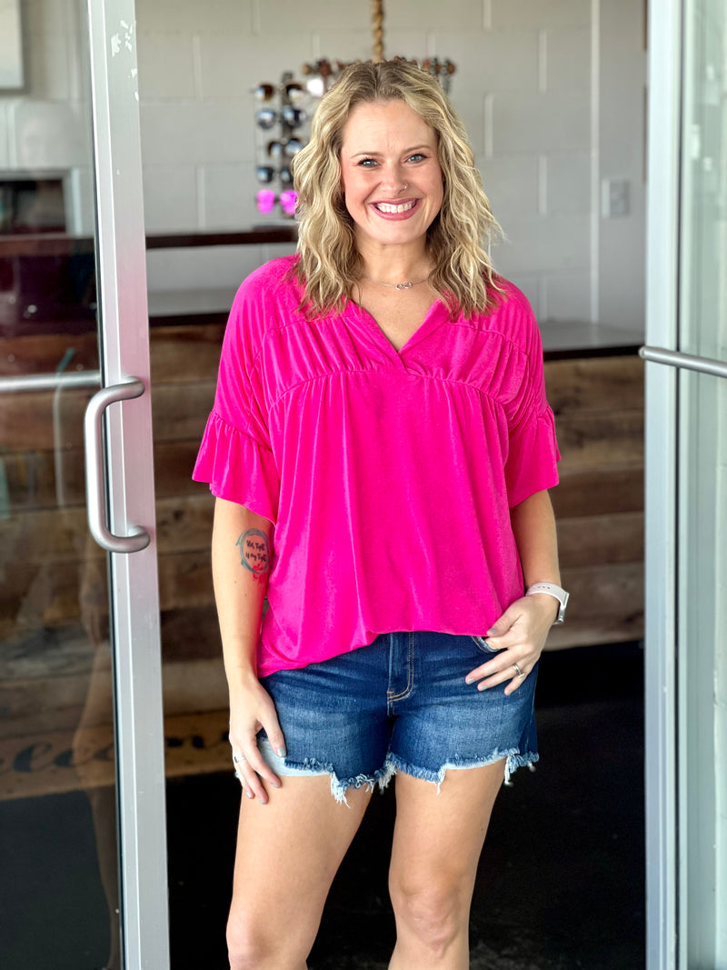 Fuschia Pleated VNeck Ruffle Sleeve Top