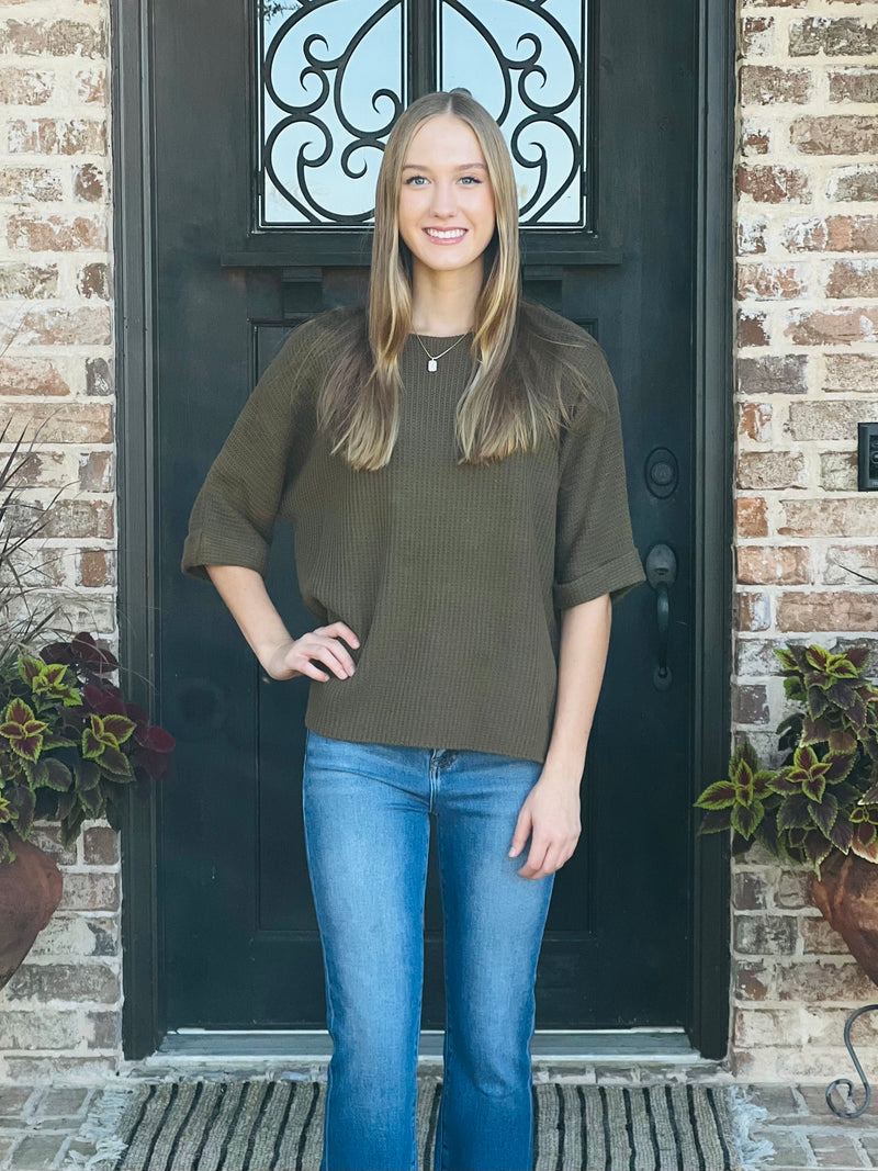 Aubree Olive Short Sleeve Sweater Top