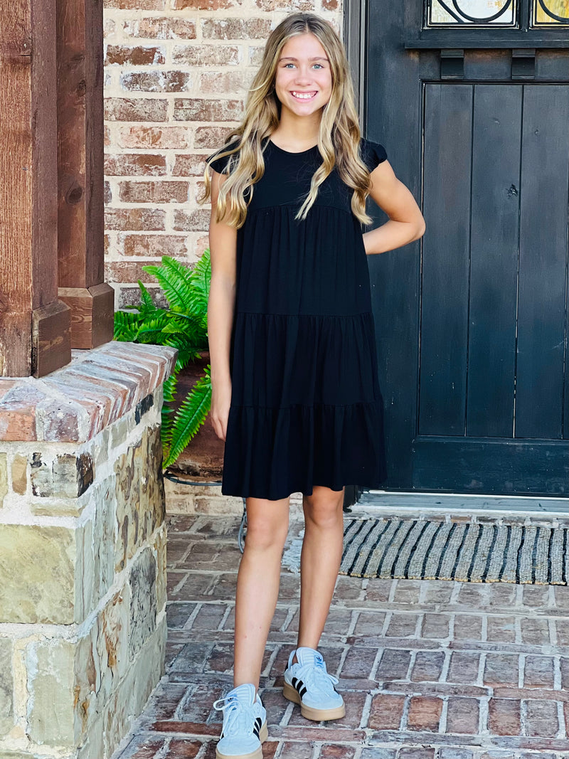 Youth Black Solid Tiered Dress