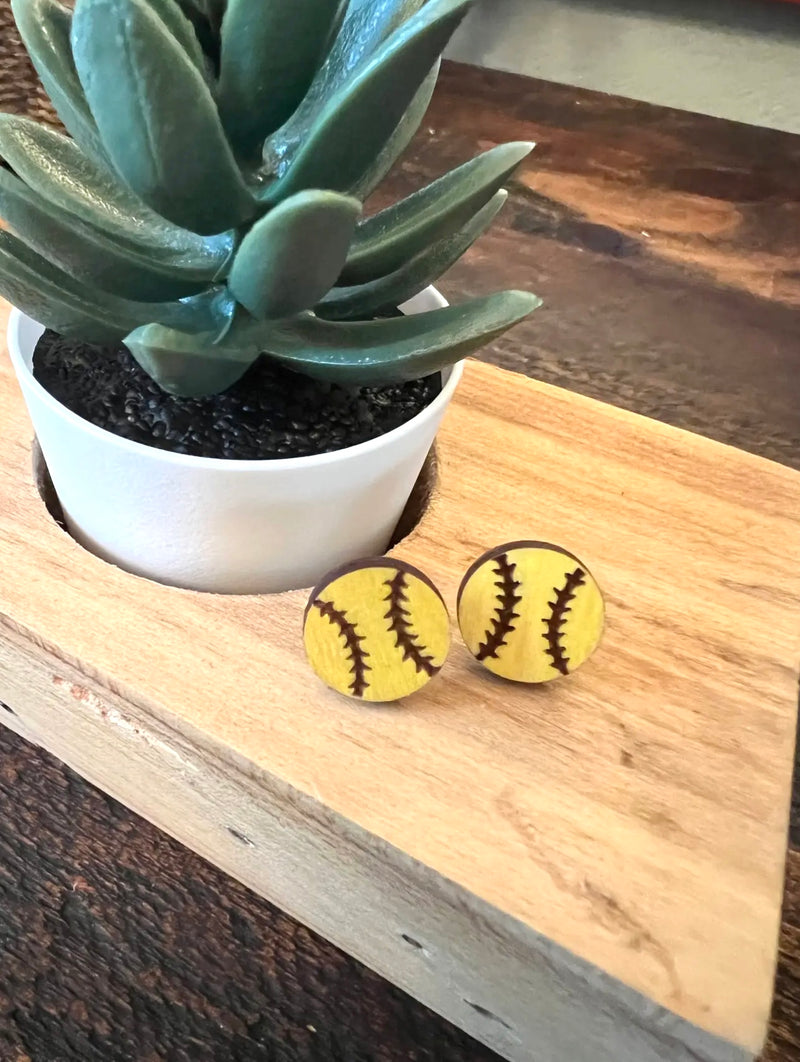 Softball Wood Stud Earrings