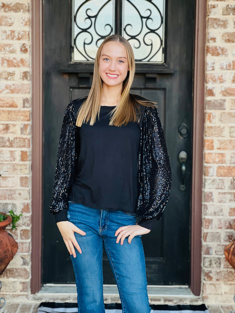 Black Night Out Solid Top w/Sequin Sleeves