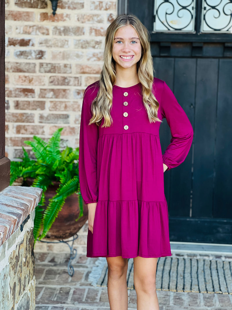 Youth Burgundy Button Tiered Dress