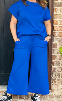 Royal Blue Getaway Textured Cropped Wide Pants