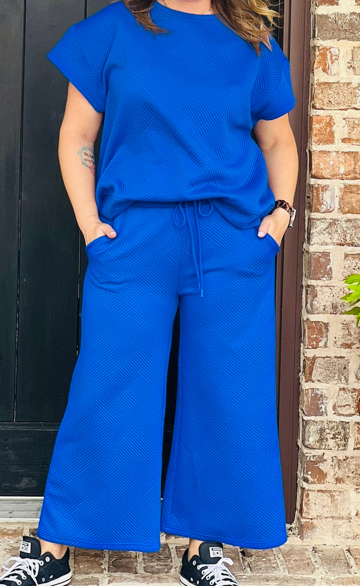 Royal Blue Getaway Textured Cropped Wide Pants