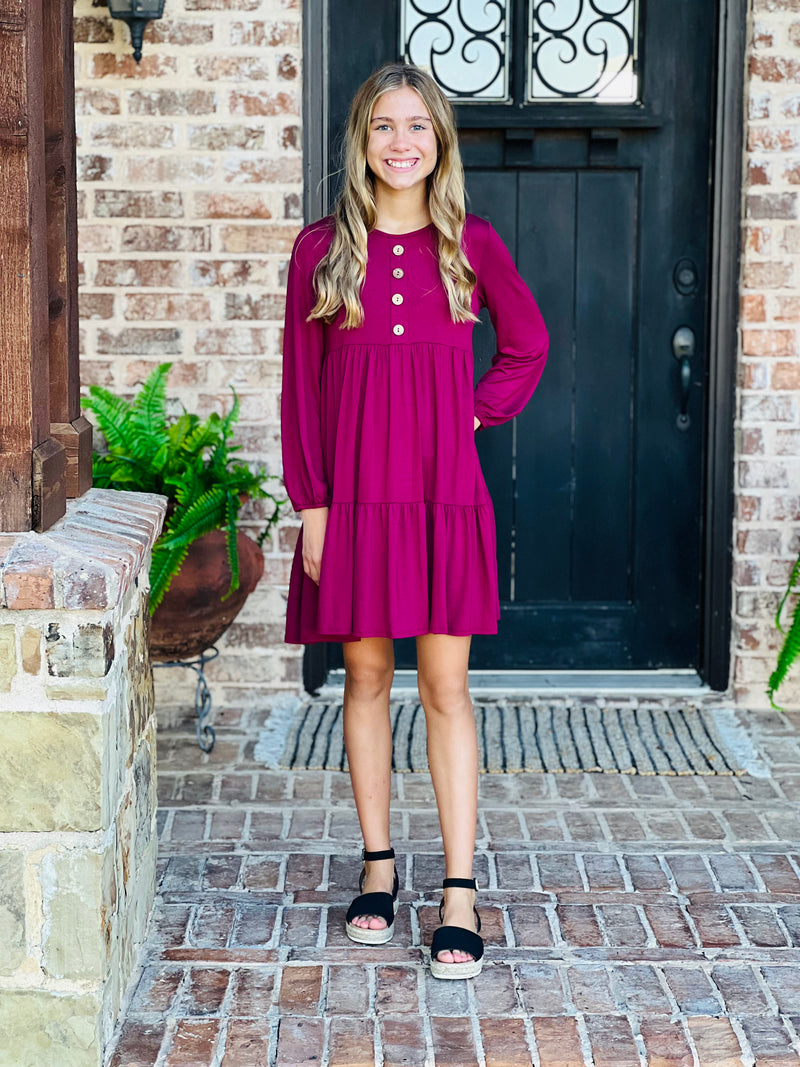 Youth Burgundy Button Tiered Dress