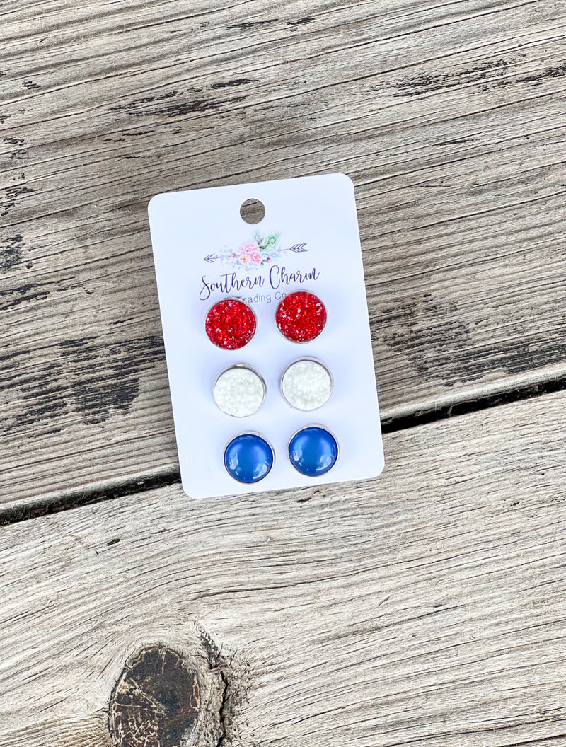 Patriotic Red/White Druzy & Blue Stud Set