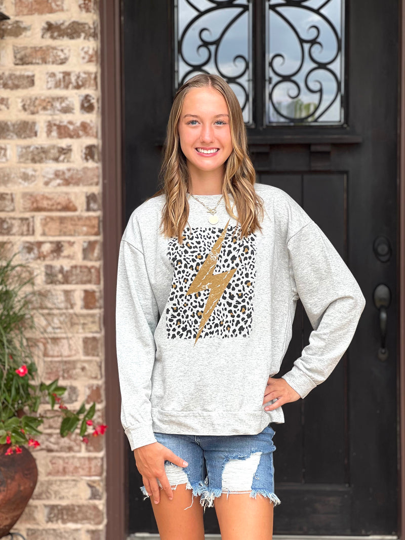 Heather Leopard Graphic Lightning Bolt Sweatshirt