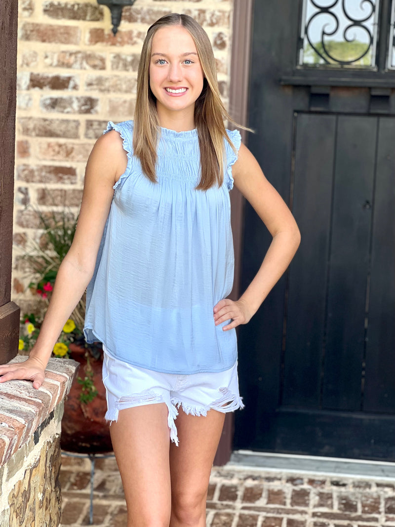 Carley Baby Blue Ruffled Top Tank