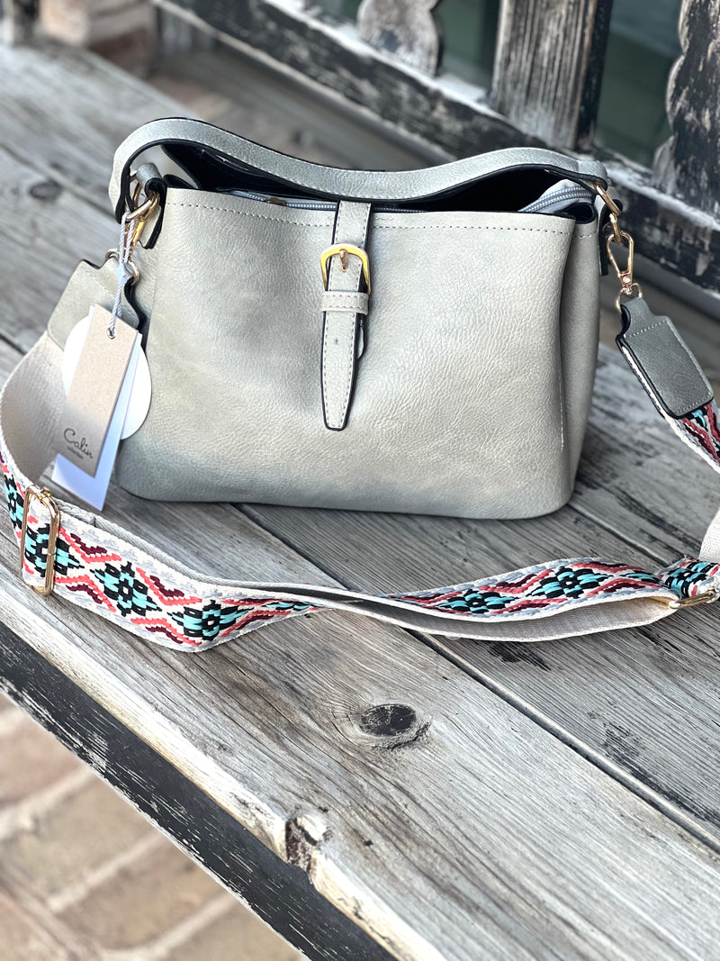 Uptown Buckle Flap Shoulder Bag with Aztec Pattern Strap