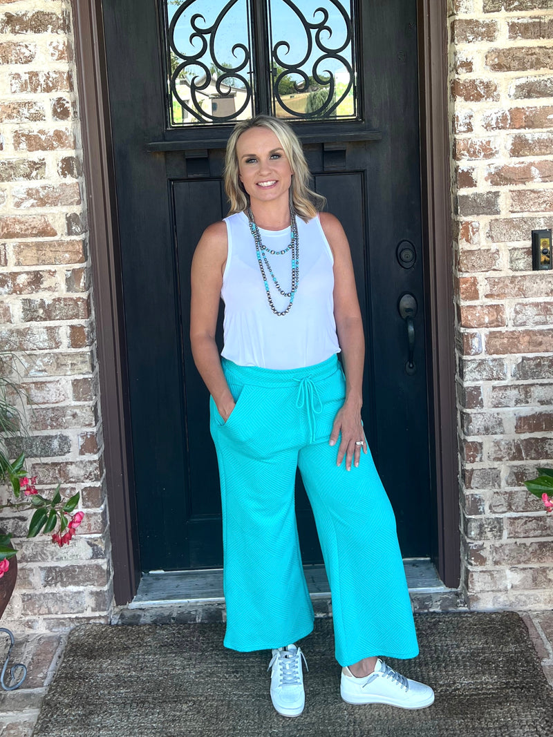 Turquoise Getaway Textured Cropped Wide Pants