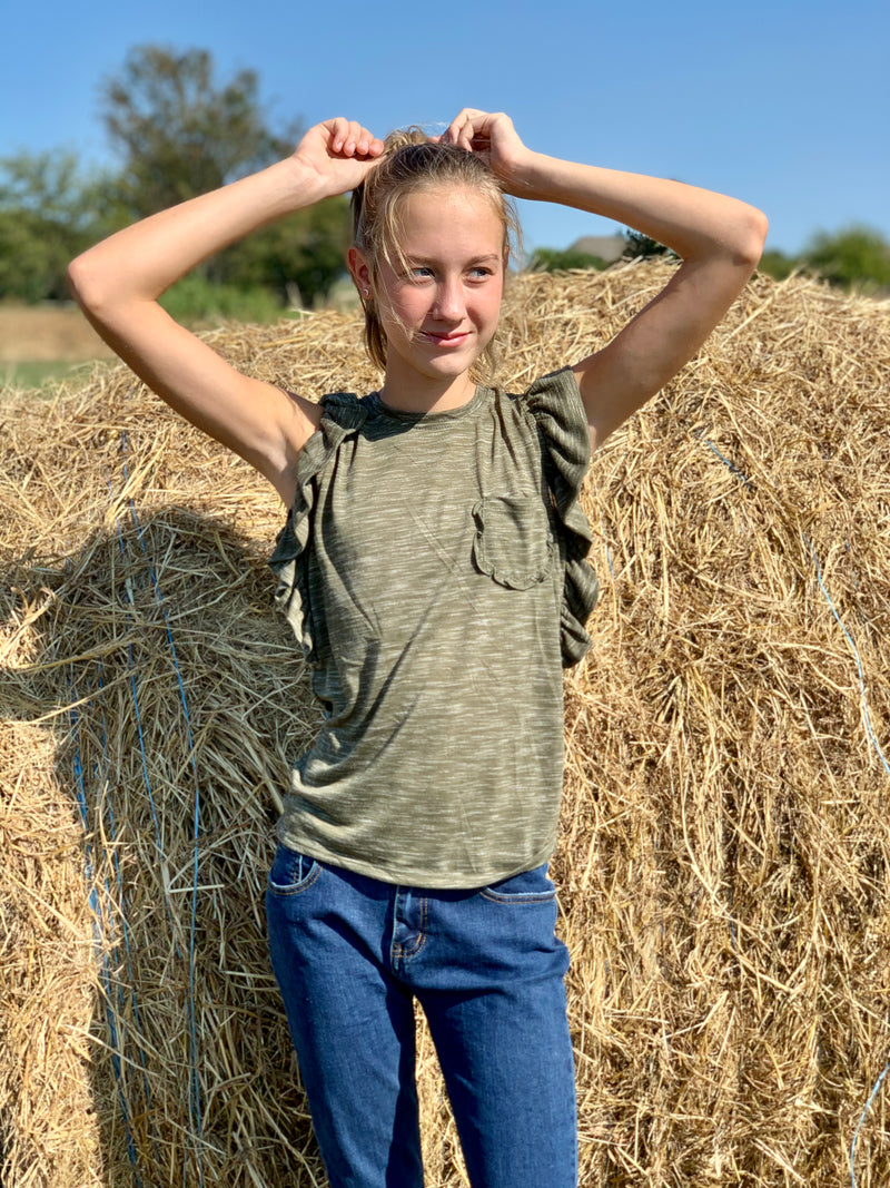 Tween Sage Heathered Ruffle Top