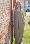 Olive Vneck Cami Maxi Dress with Side Pockets