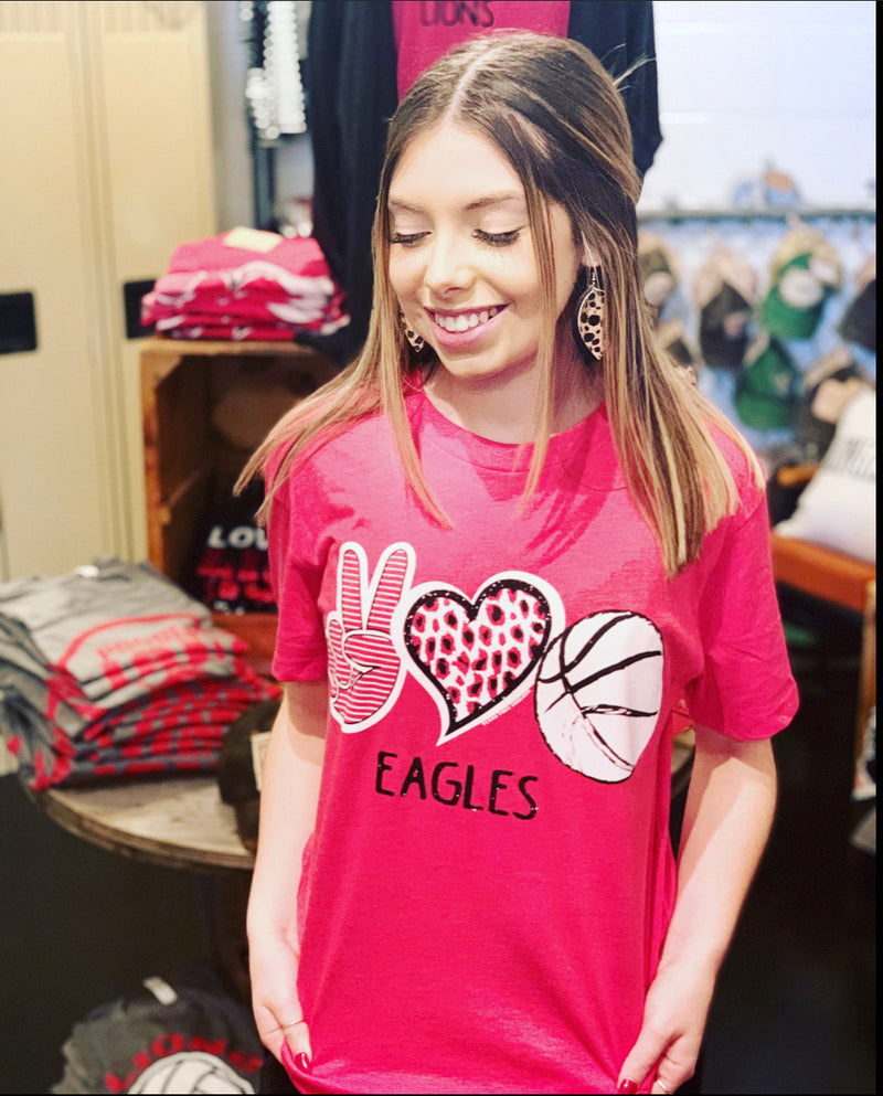 Peace, Love, Basketball Tee (EAGLES, RED)