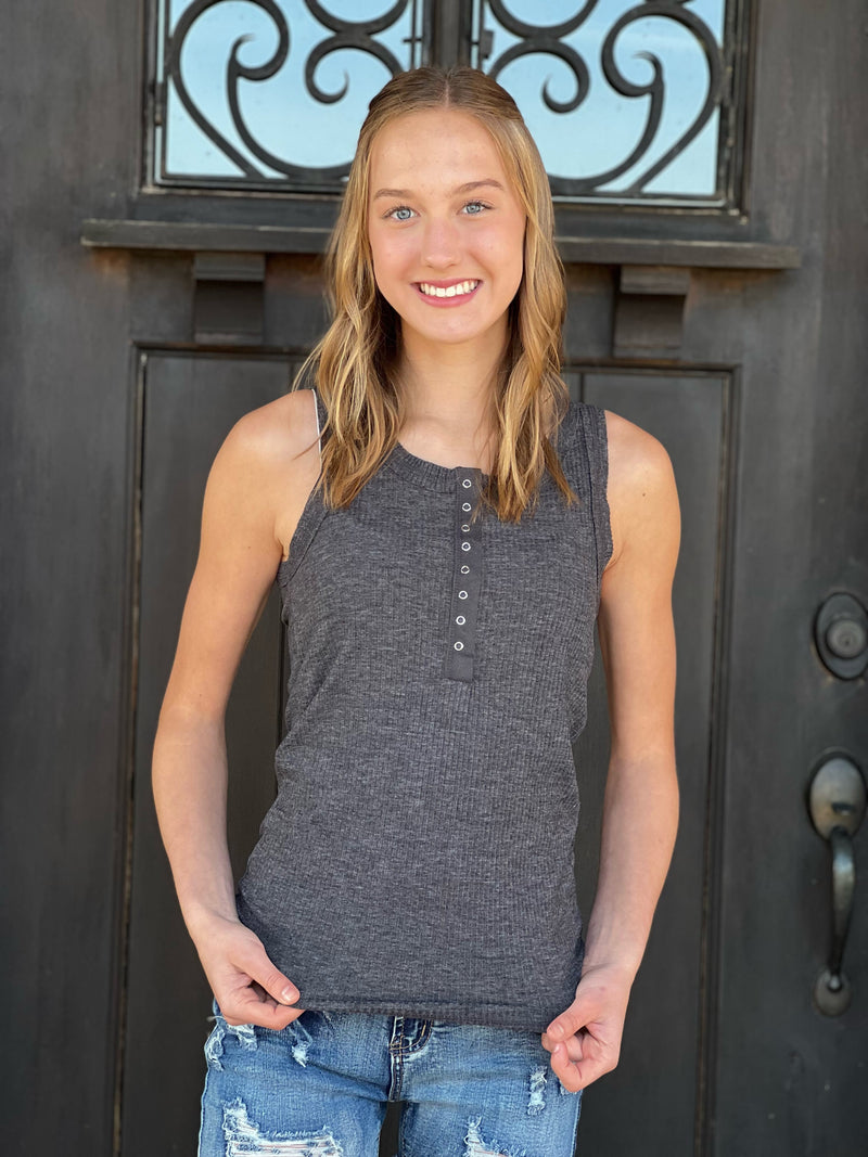 Black Melange Ribbed Button Closure Scoop Neck Tank