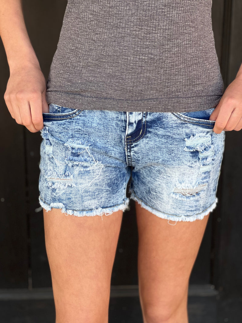 Acid Wash Distressed Denim Shorts **Junior Fit - Runs Small**