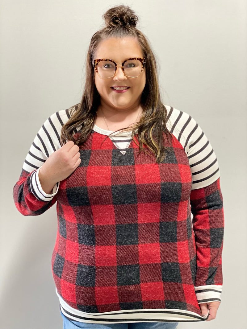 Plus Long Sleeve Red Plaid & Striped Top (FINAL SALE- CAN FIT 2XL)