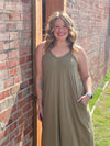 Olive Vneck Cami Maxi Dress with Side Pockets