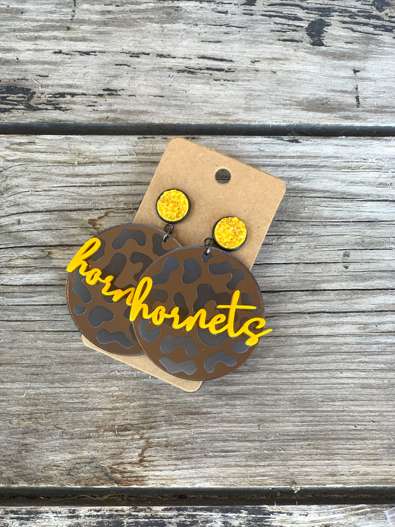 Gold Hornets Etched Leopard Earrings