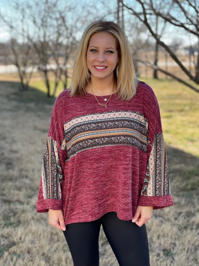 Burgundy Multi Print Wide Sleeve Sweater