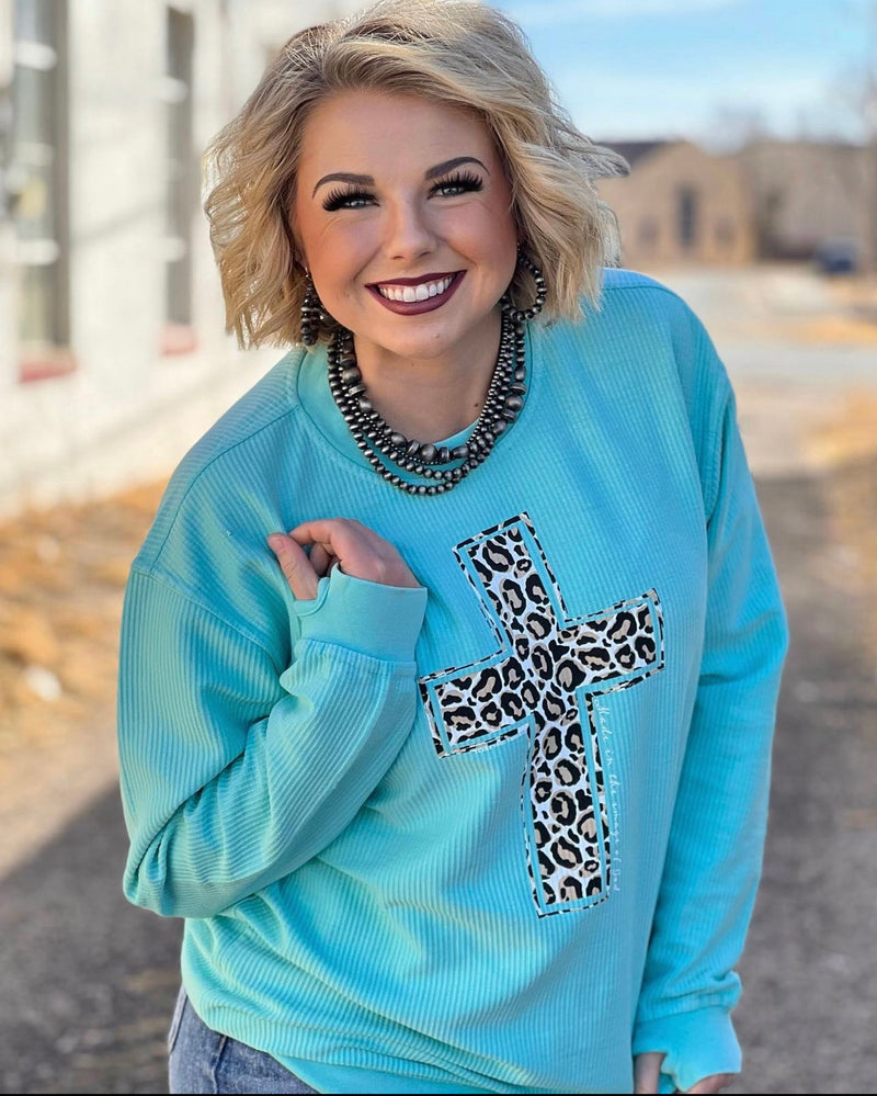 Mint Leopard Cross Corded Top