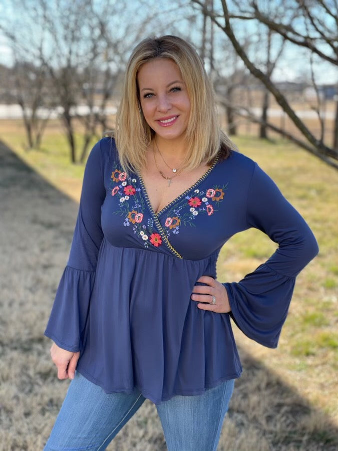 Navy Embroidered Long Sleeve Top