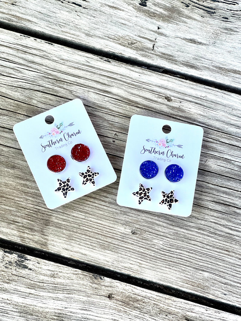 Patriotic Druzy & Leopard Star Duo Stud Set