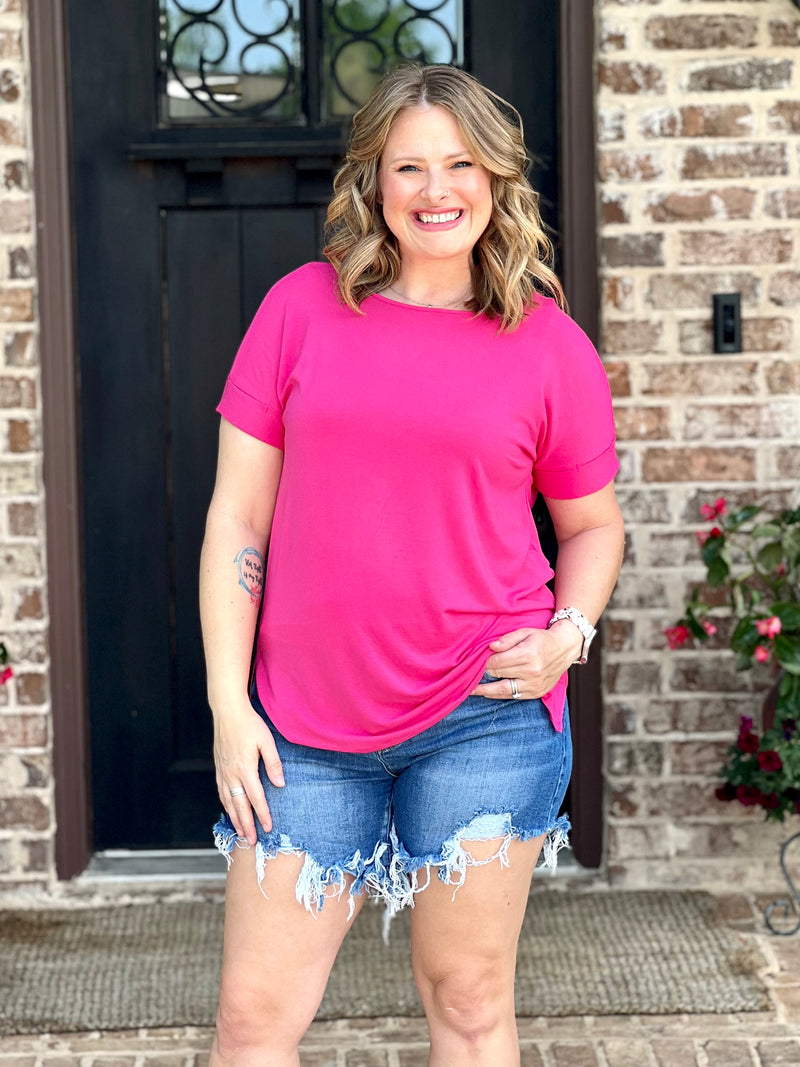 Fuchsia Rolled Sleeve Boat Neck Tee