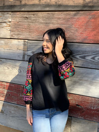 Black Woven Embroidered Sleeve Top