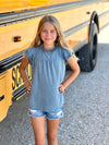 Youth Blue Slate Swiss Dot Ruffle Neck Top