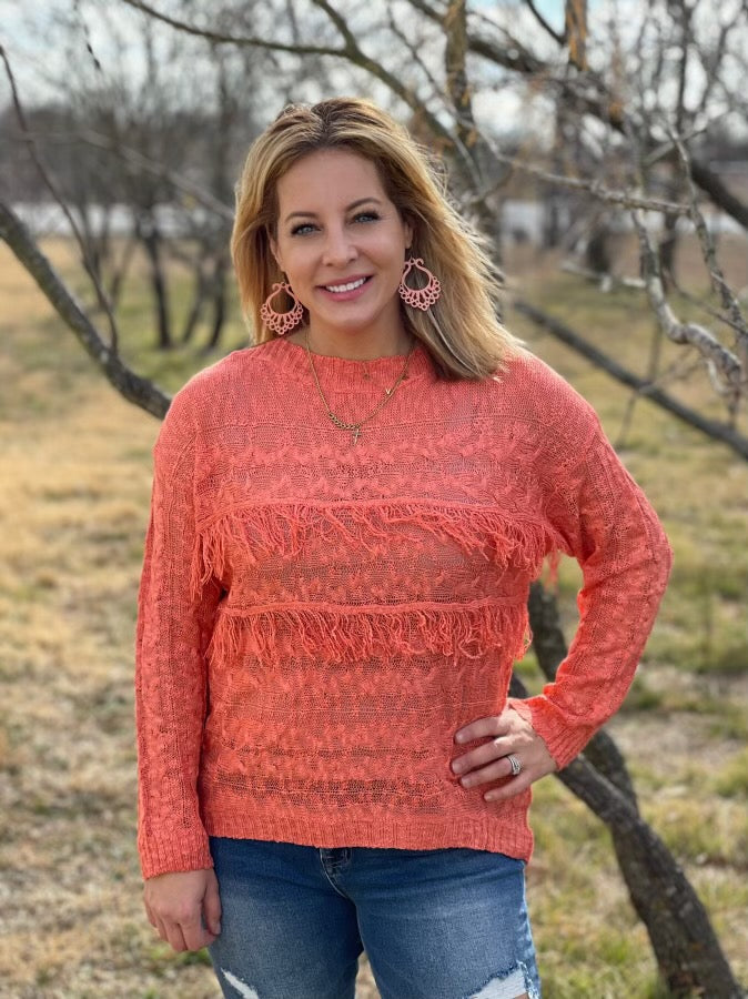 Salmon Fringe Sweater Top