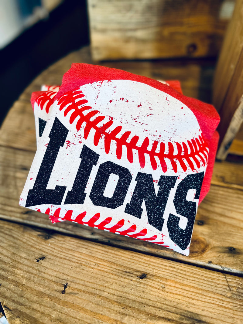 Lions Baseball Arched Mascot Tee