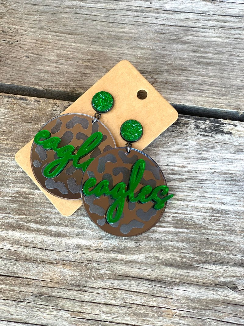 Green Eagles Etched Leopard Earrings